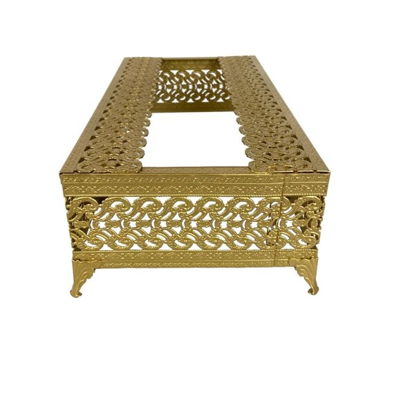 Gold Gilt Metal Filigree Tissue Box Holder Rectangular Footed Hollywood Regency - Picture 2 of 6